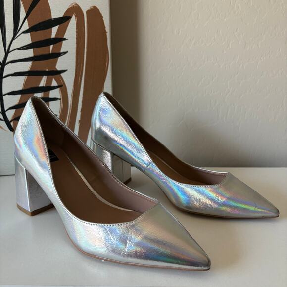 Zac Posen Silver Holographic Pointed Toe Slip On Block Heel Leather Pumps 8.5 - Picture 3 of 10